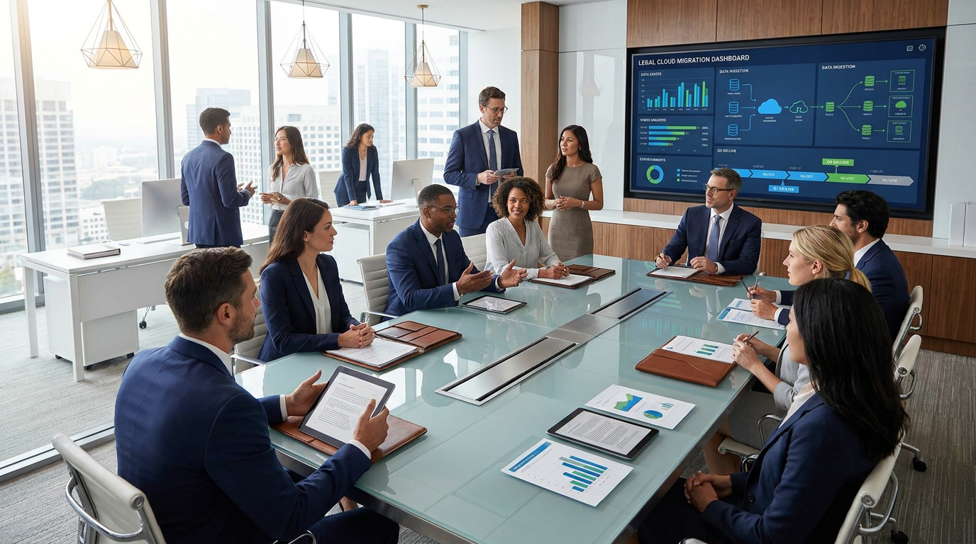 Law firm team reviewing a software migration plan on a large screen with case files, billing charts, and workflow diagrams