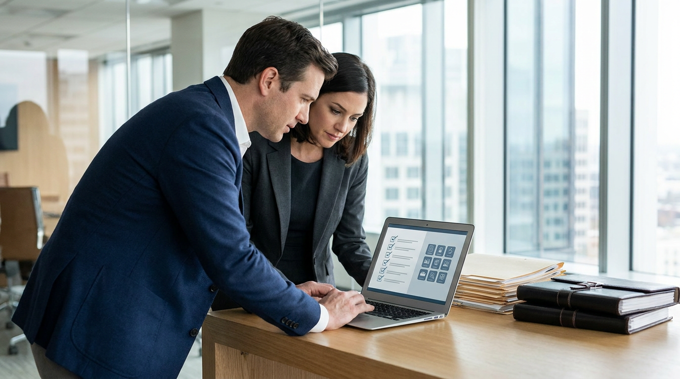 Attorney reviewing a digital matter closing checklist on a laptop in a modern law office