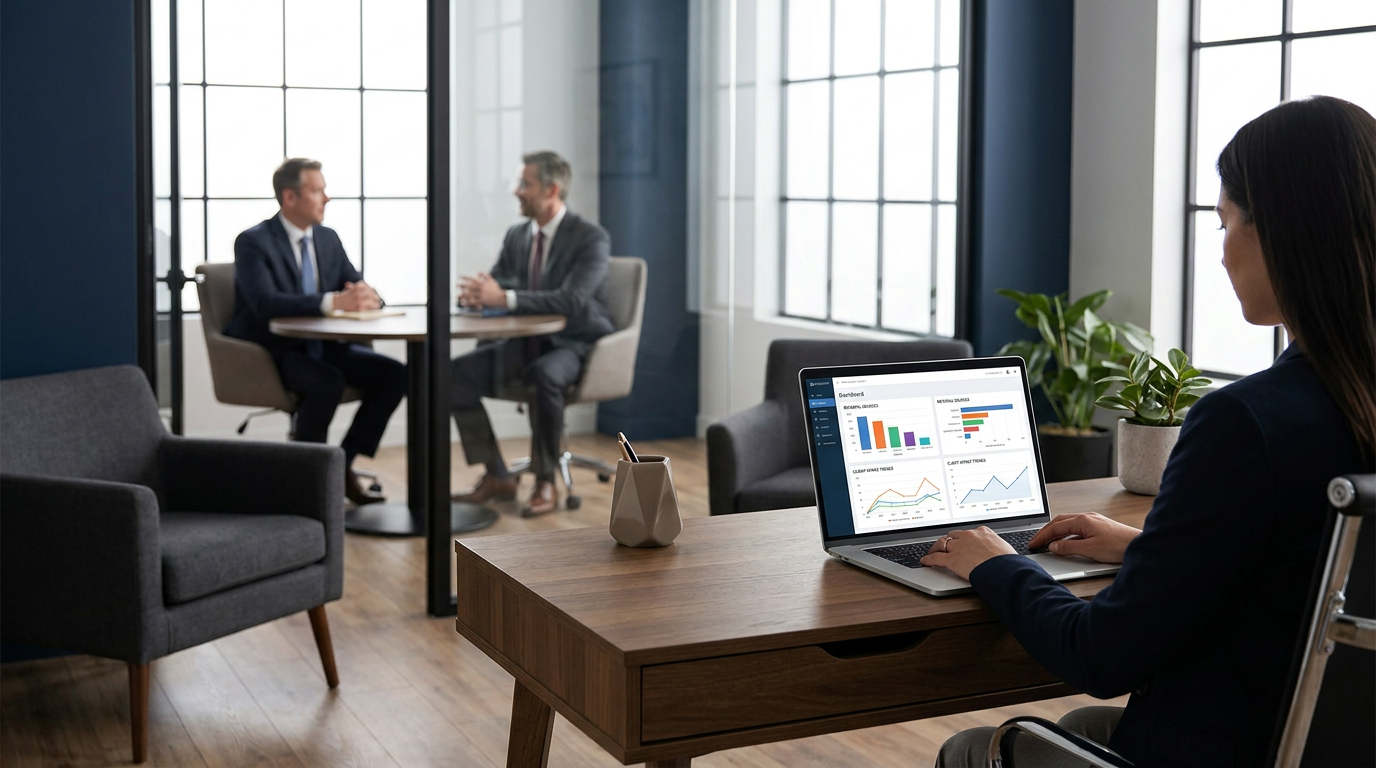 Law firm administrator reviewing referral source dashboard on a laptop with attorneys meeting in the background