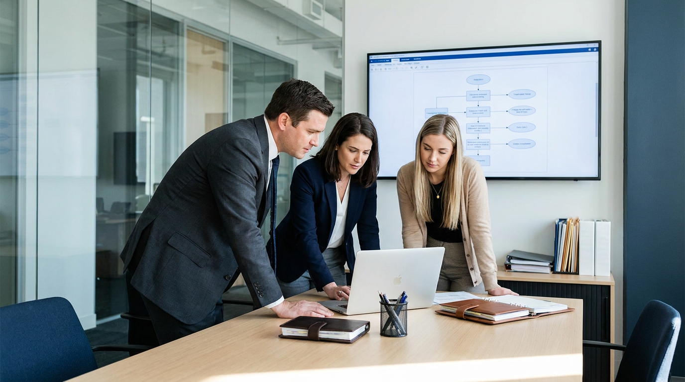 Law firm team reviewing digital standard operating procedures on a laptop in a modern office